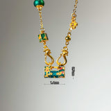 Green & Gold Sand Gold Enamel Safe Lock Pendant with Gourd & Flower Accents - Looziivet