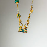 Green & Gold Sand Gold Enamel Safe Lock Pendant with Gourd & Flower Accents - Looziivet