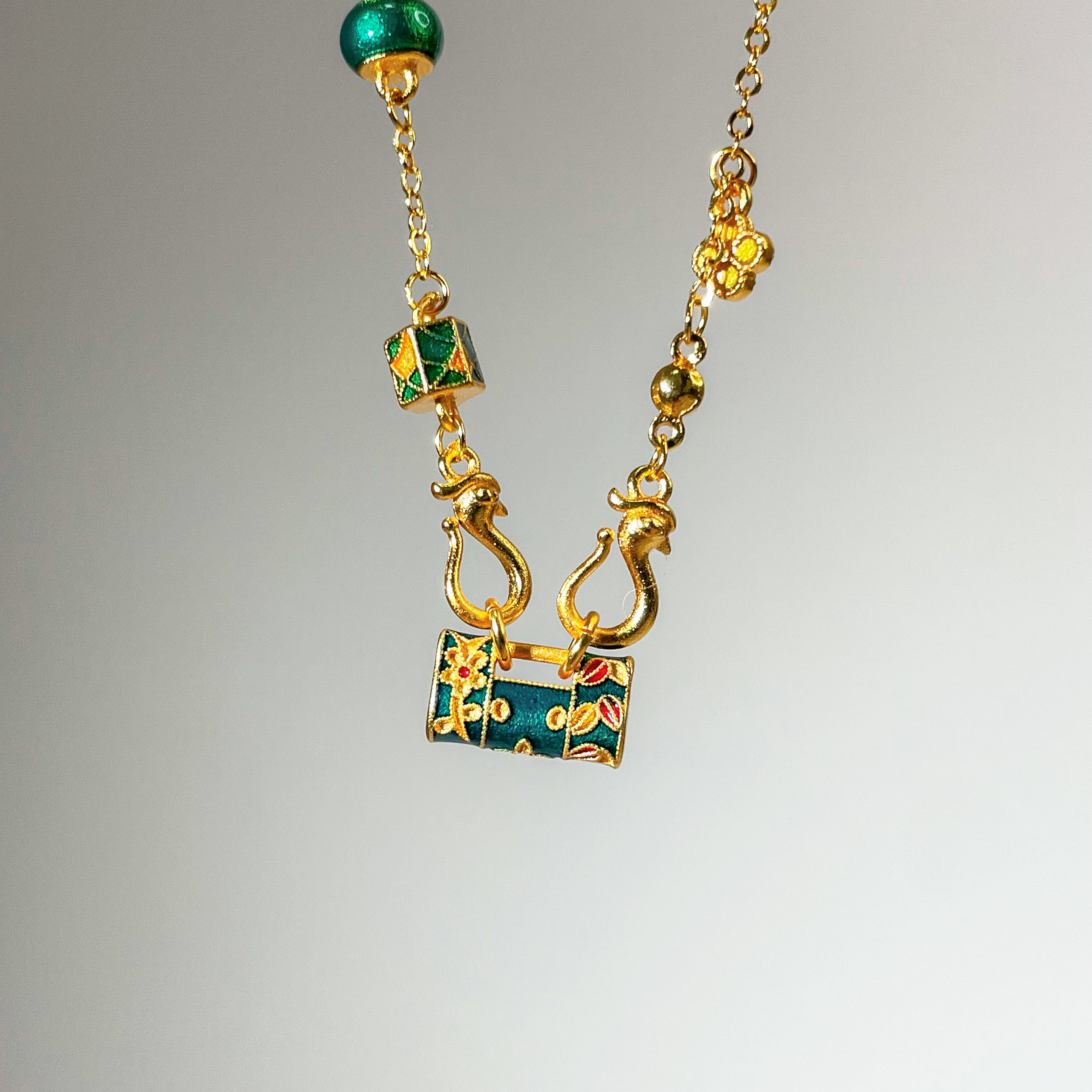 Green & Gold Sand Gold Enamel Safe Lock Pendant with Gourd & Flower Accents - Looziivet