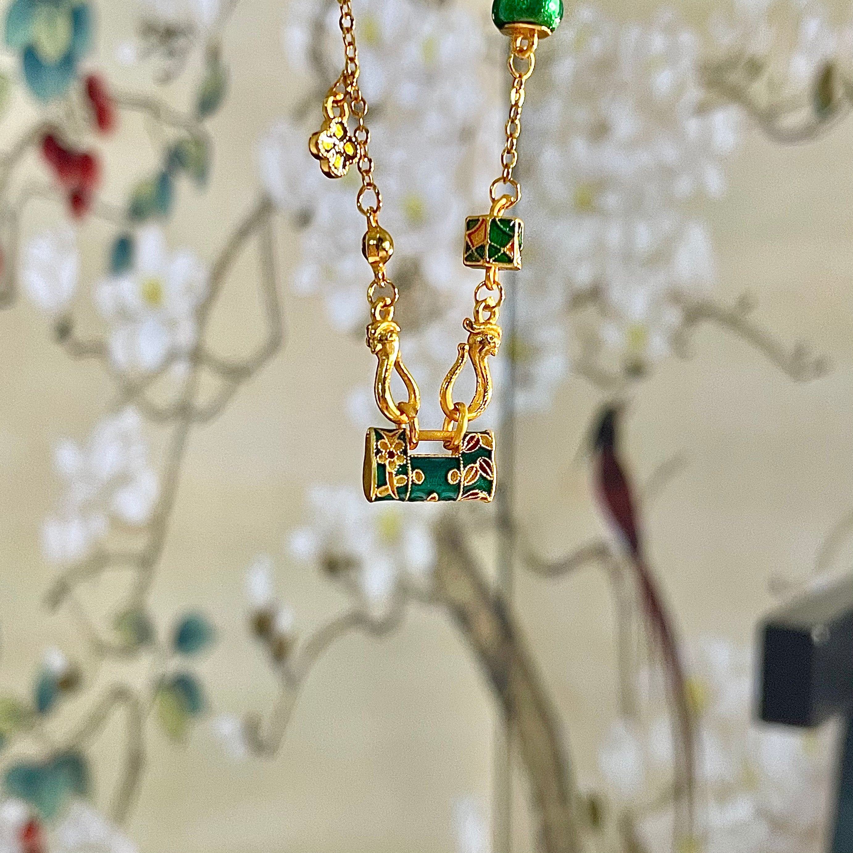 Green & Gold Sand Gold Enamel Safe Lock Pendant with Gourd & Flower Accents - Looziivet