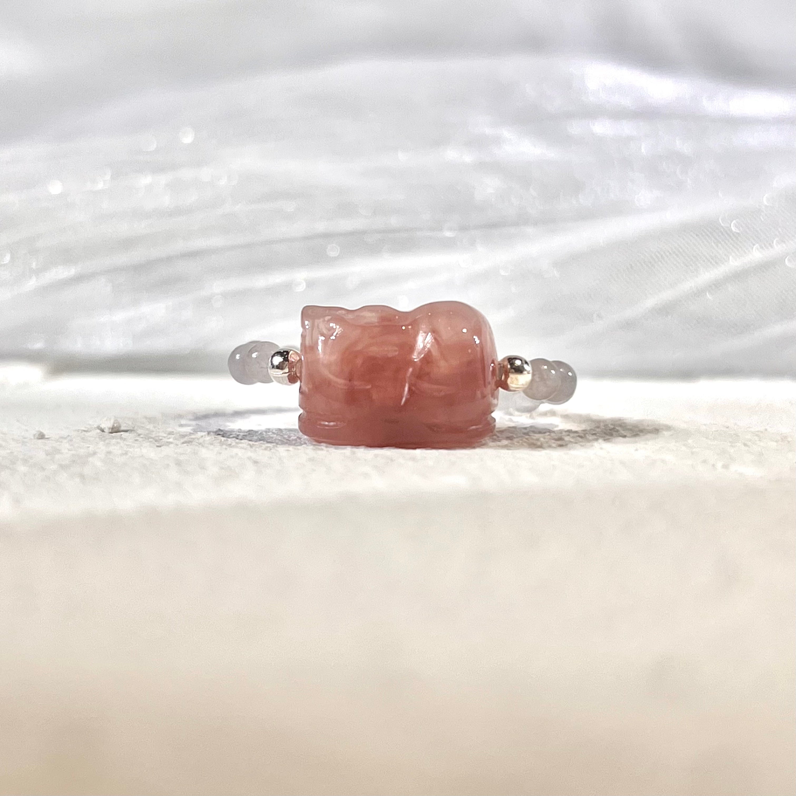 Moonlight Charm Pixiu Ring: Moonstone Beads & Hand-Carved Strawberry Quartz Pixiu - Looziivet