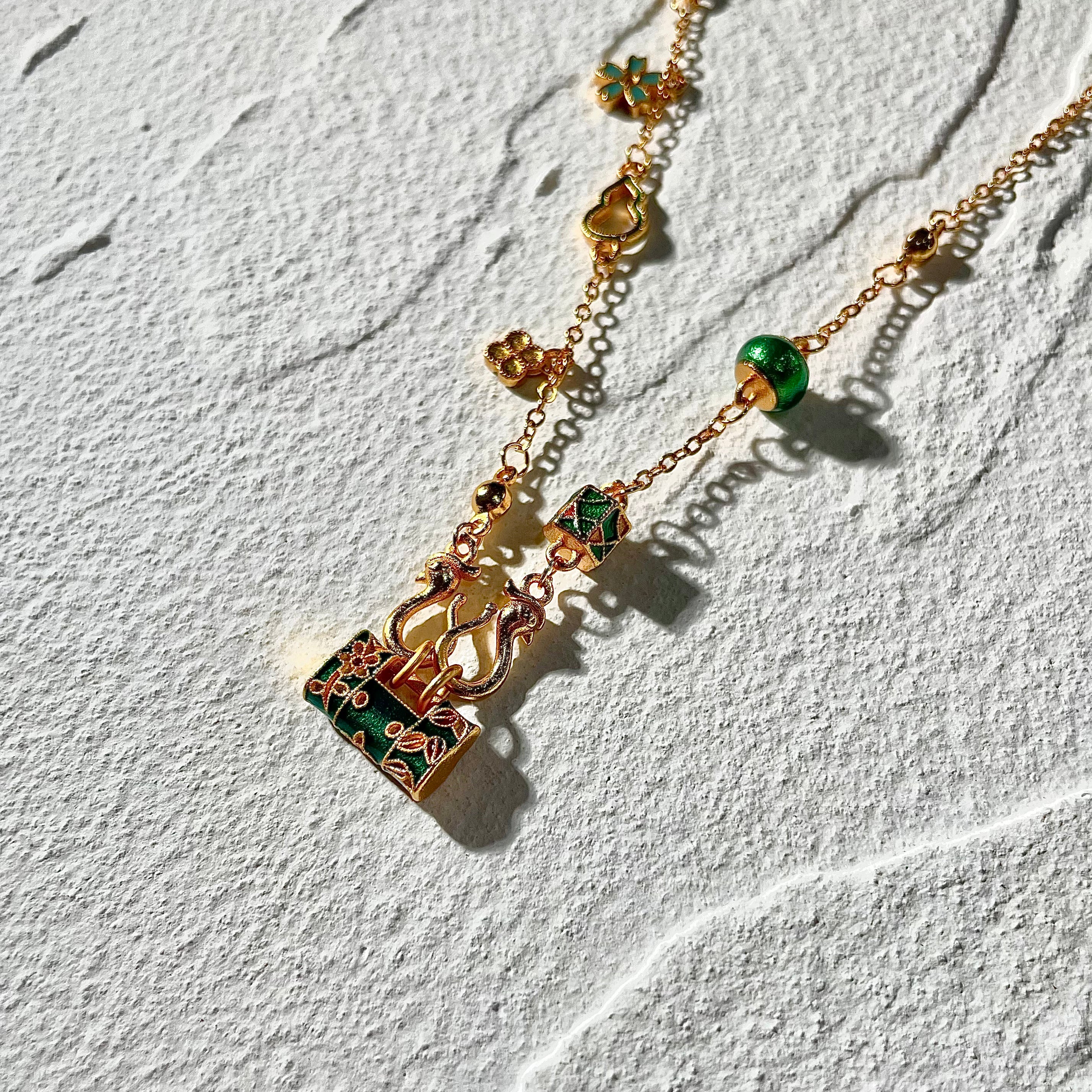 Green & Gold Sand Gold Enamel Safe Lock Pendant with Gourd & Flower Accents - Looziivet