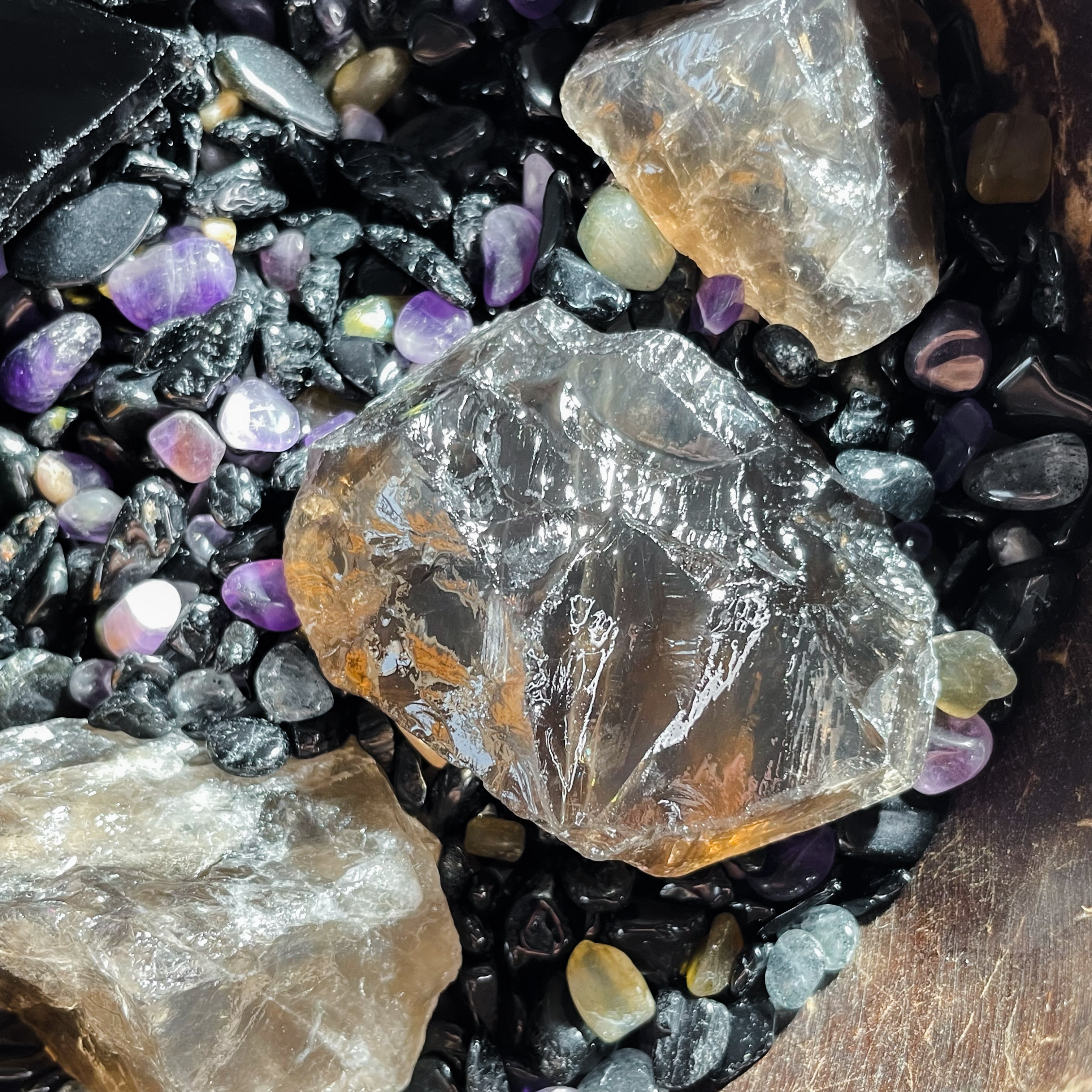 Close up details of smoky quartz of a Crystal healing Kit